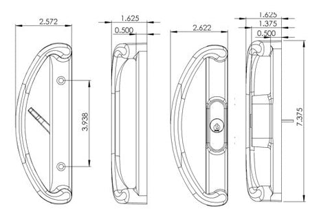 White Sliding Patio Glass Door Handle with Keyed Lock - 3.93" Hole Spacing - DH-580-WITH-KEY
