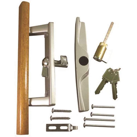 Sliding Patio Glass Door Handle Wood with Aluminum KEYED - 3-15/16" Hole Spacing - DH-104K - Garage and Sliding Door Hardware